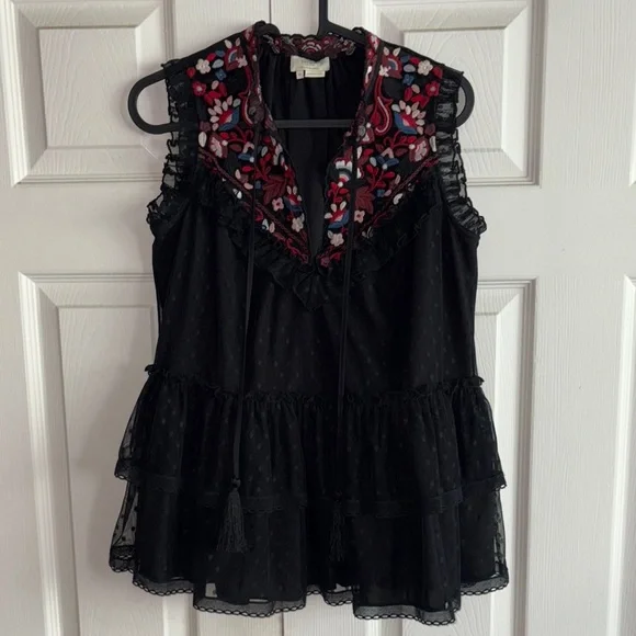 Kate Spade Embroidered Black Sleeveless Top Ruffles Tassels - Picture 3 of 7